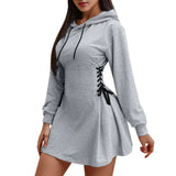 Women Autumn Sweatshirt Dresses Side Lace-Up Waist In Long Sleeve Solid Color Hooded Pullover Tops Casual Long Loose Hoodies
