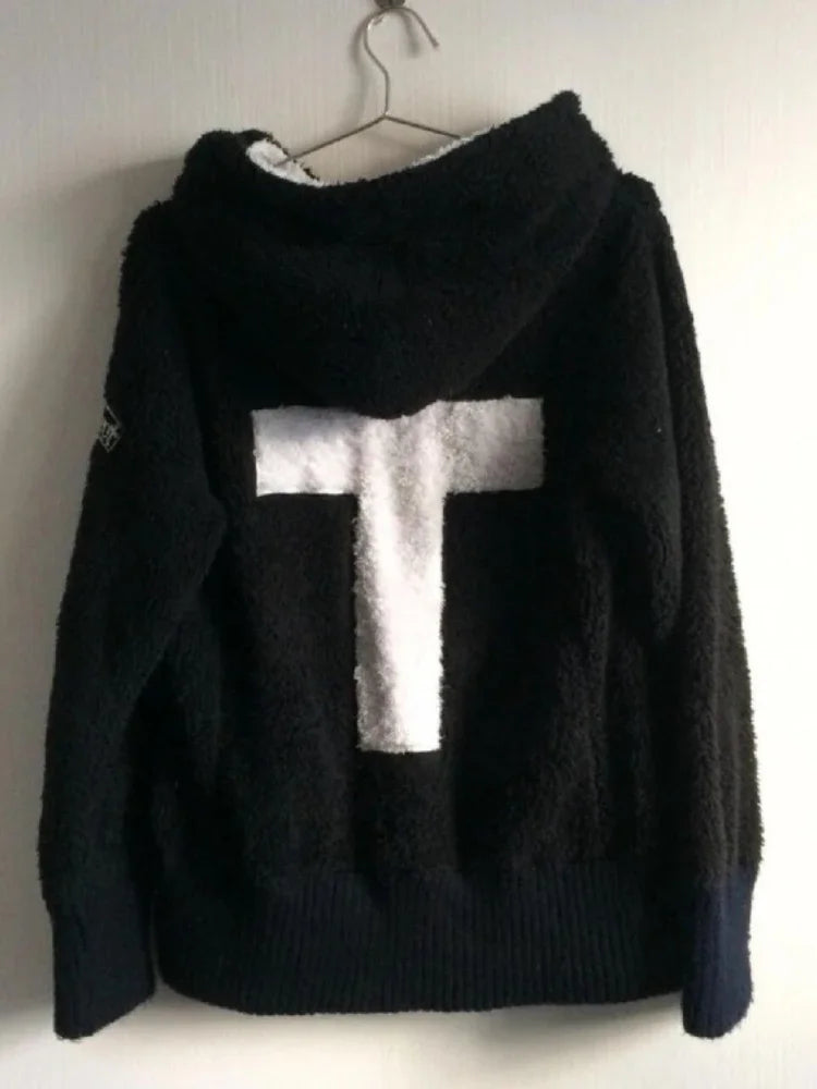 Y2k Lamb Wool Jackets Women Gothic Hoodies Cross Skull Grunge Zipper Sweatshirts Vintage Casual Hooded Coats Harajuku Streetwear