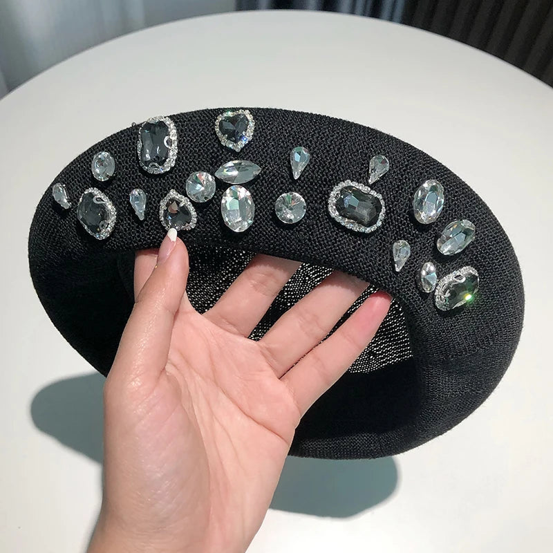 INS Summer rhinestone beret women's new fashion versatile hat thin breathable painter hat handmade rhinestones versatile pumpkin
