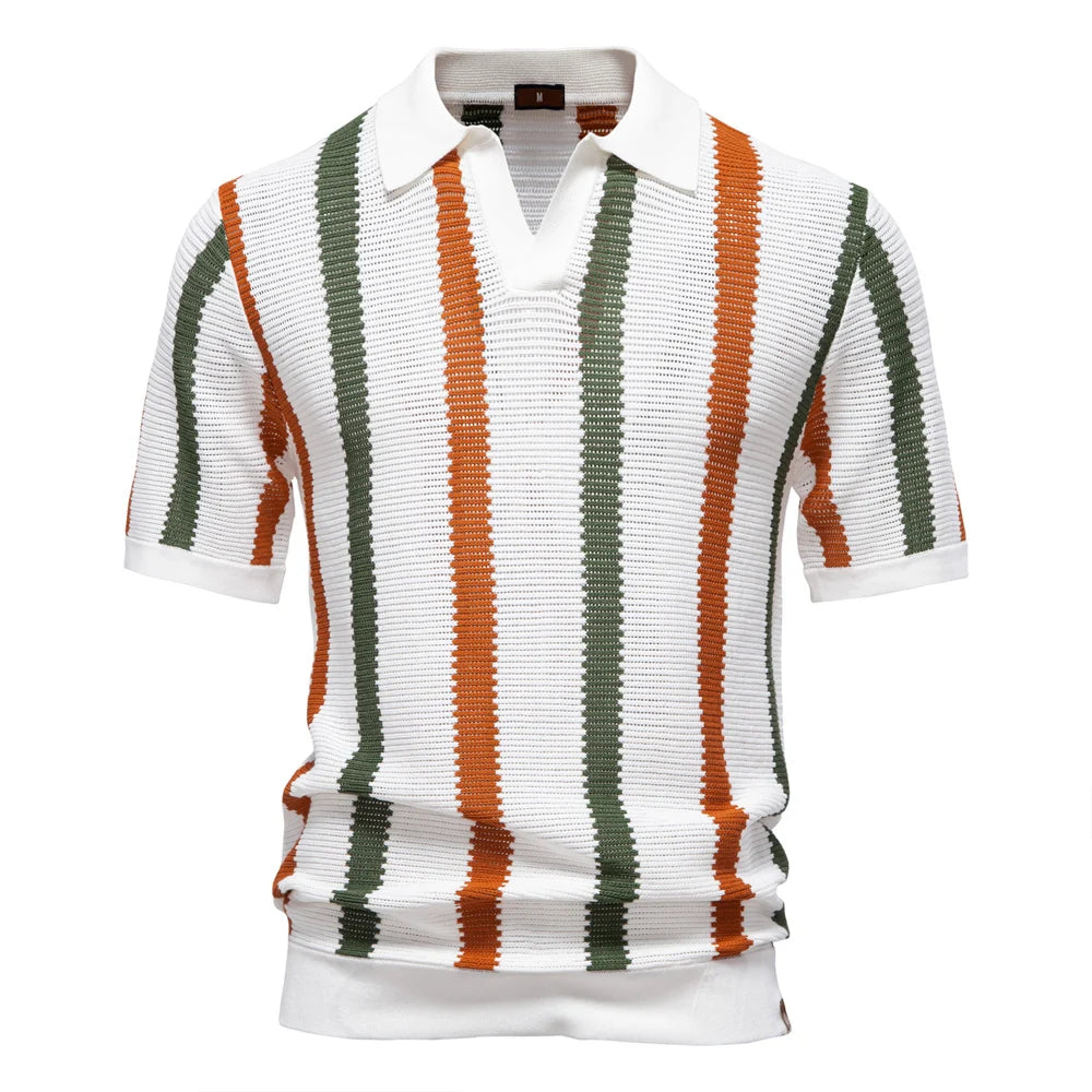 Men's Ribbed Knit Polo Shirt – Breathable Striped Style