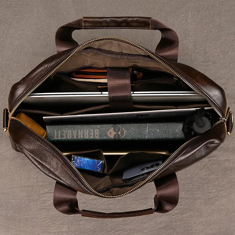 Luufan Genuine Leather Men's Business Handbag 15" Laptop Briefcase Bag Male A4 Document Shoulder Message Computer Bag Work Tote