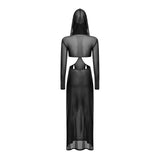 Women’s Hooded Mask Sheer Maxi Dress
