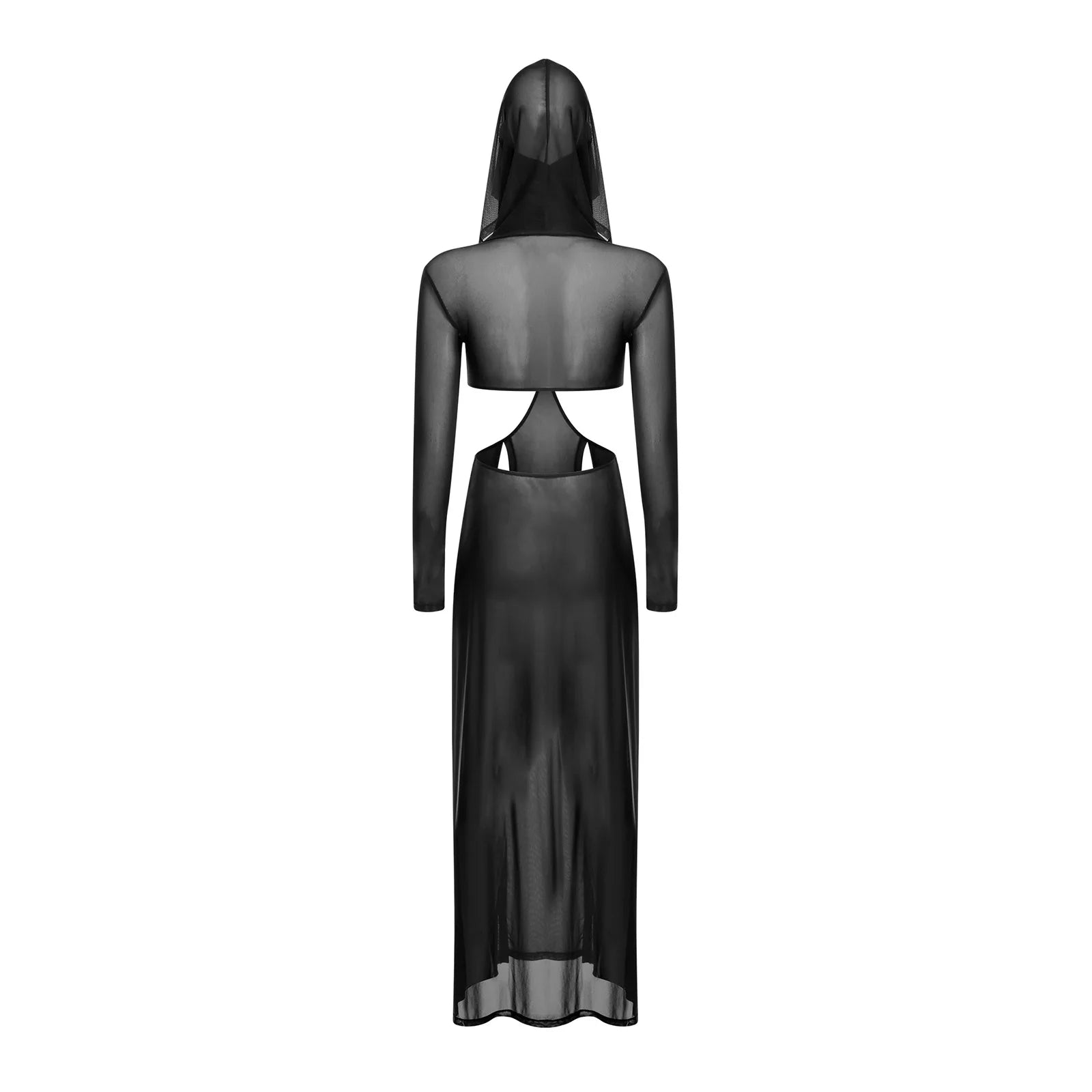 Women’s Hooded Mask Sheer Maxi Dress
