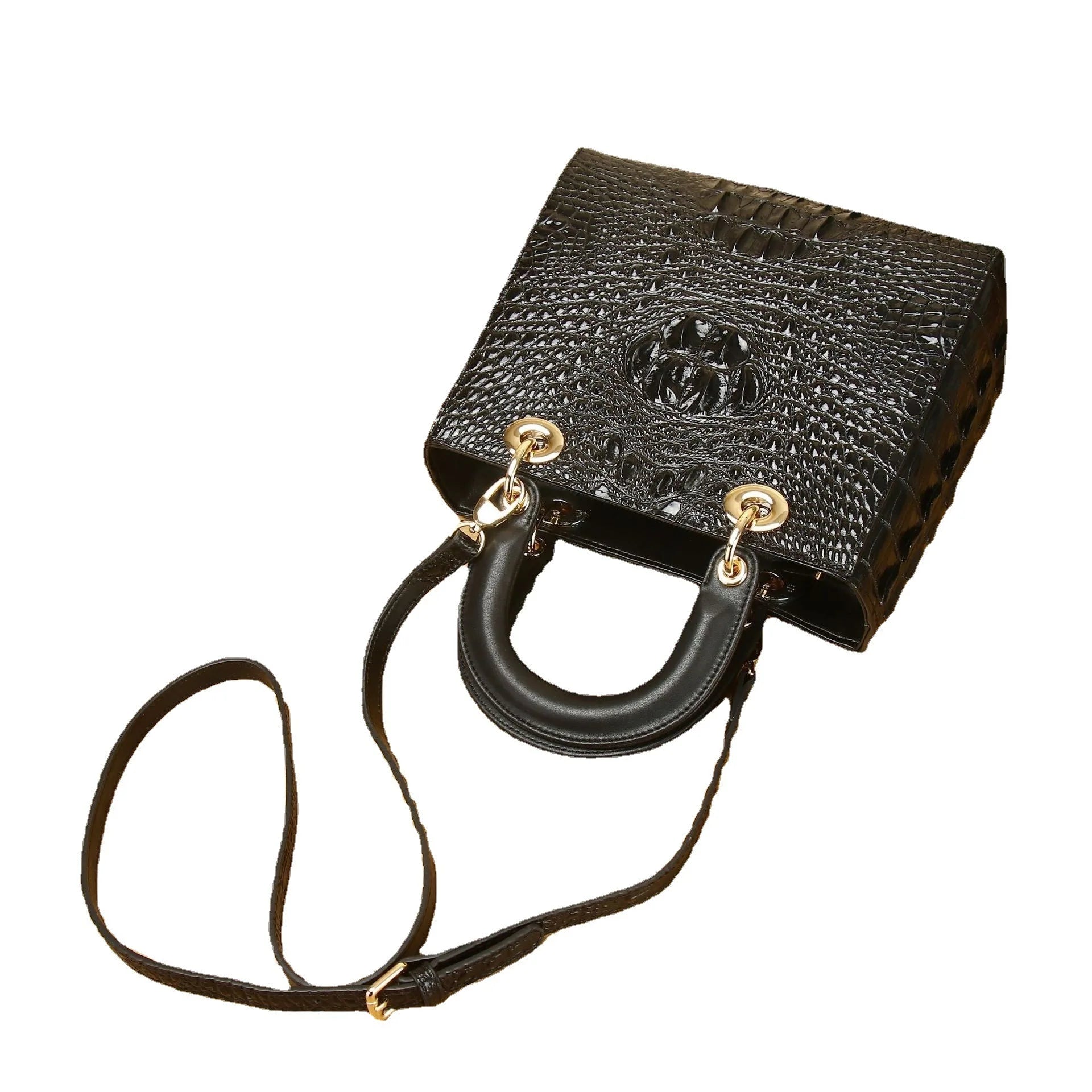 Crocodile-Embossed Genuine Leather Structured Handbag