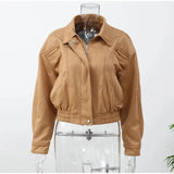 Brown Retro Suede Lapel Zippered Short Jackets Women's Casual Full Sleeves Pocket Loose Coats 2026 Spring Daily Commute Outwear