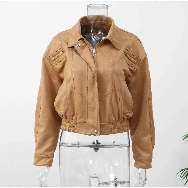 Brown Retro Suede Lapel Zippered Short Jackets Women's Casual Full Sleeves Pocket Loose Coats 2026 Spring Daily Commute Outwear