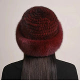 Genuine Knitted Mink Fur Hat with Fox Fur Brim