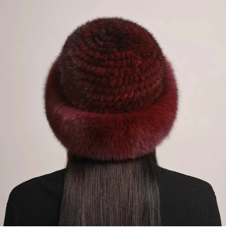 Genuine Knitted Mink Fur Hat with Fox Fur Brim