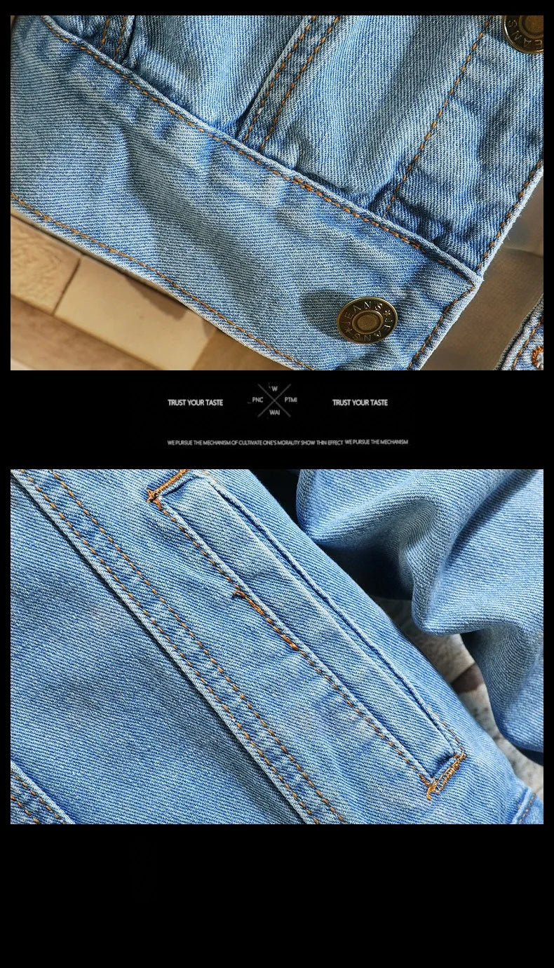 Vintage Solid Denim Motorcycle Jacket - Slim Fit Casual Cotton Coat