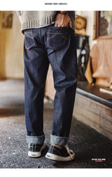Maden Men's Vintage Selvedge Raw Denim Jeans with Horse Hair Leather Patch 100% Cotton Straight Trousers for Spring Fall Pants