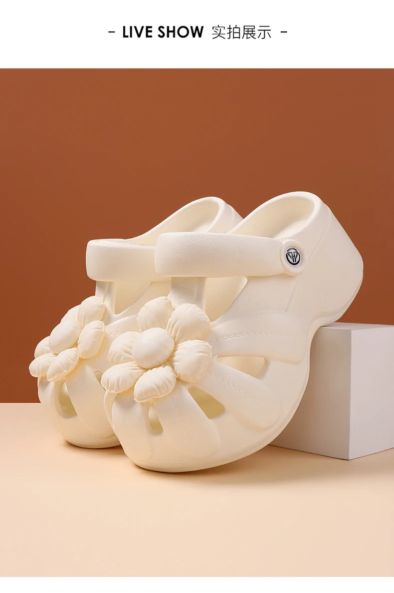 Women's Platform Clog Sandals with Flower Decor — EVA Wedge Beach Shoes