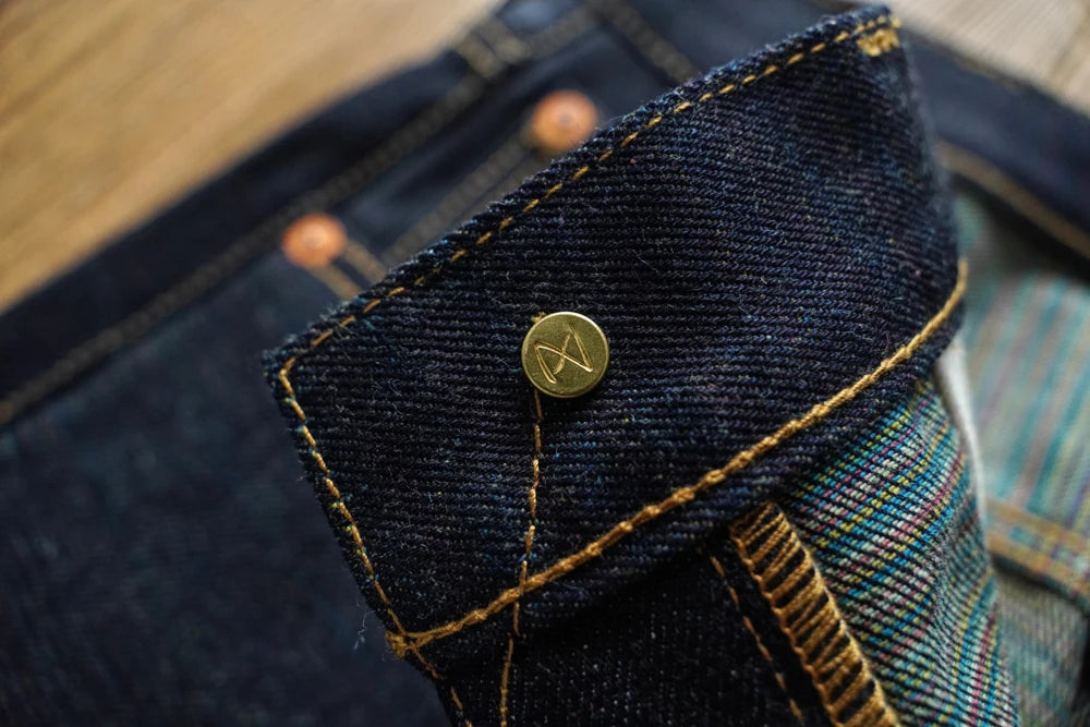 SAUCE ZHAN Mens Jeans Rainbow Sanforized Selvedge Denim Jeans Man Python Skin Labels Regular Fit 14 Oz