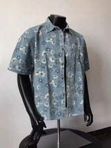 2025 Summer New Floral Short Sleeve Men's Denim Shirt Thin American Retro Layered Wear Outerwear Jacket Breathable Polyester