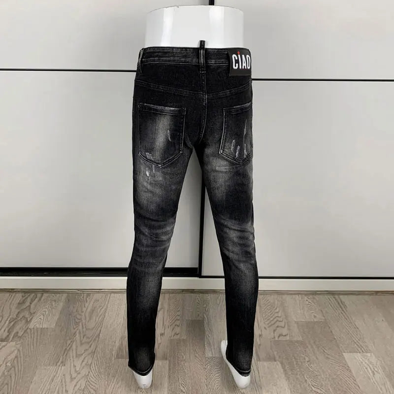 Men's Slim-Fit Distressed Black Grey Denim Jeans