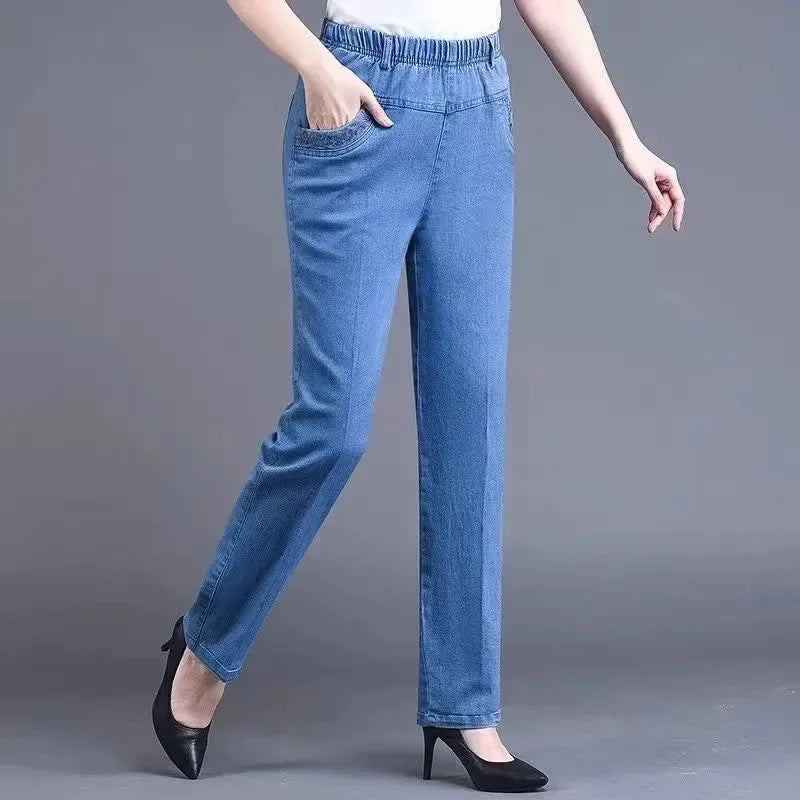 Women's Embroidered Straight-Leg Jeans | Elastic Waist