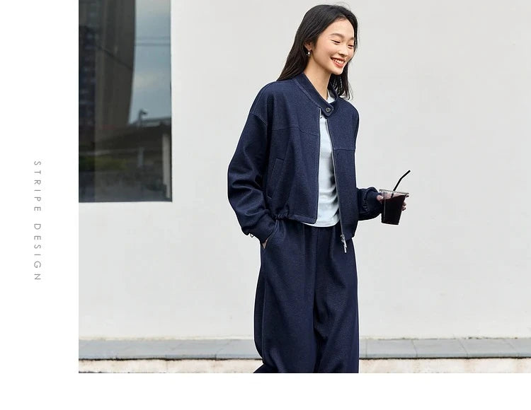 VIMLY 2 Piece Pant Set Woman Casual Outfits Women's Pant Suit 2026 Blue Stand-up Collar Jacket and Trouser Female Clothing A0119