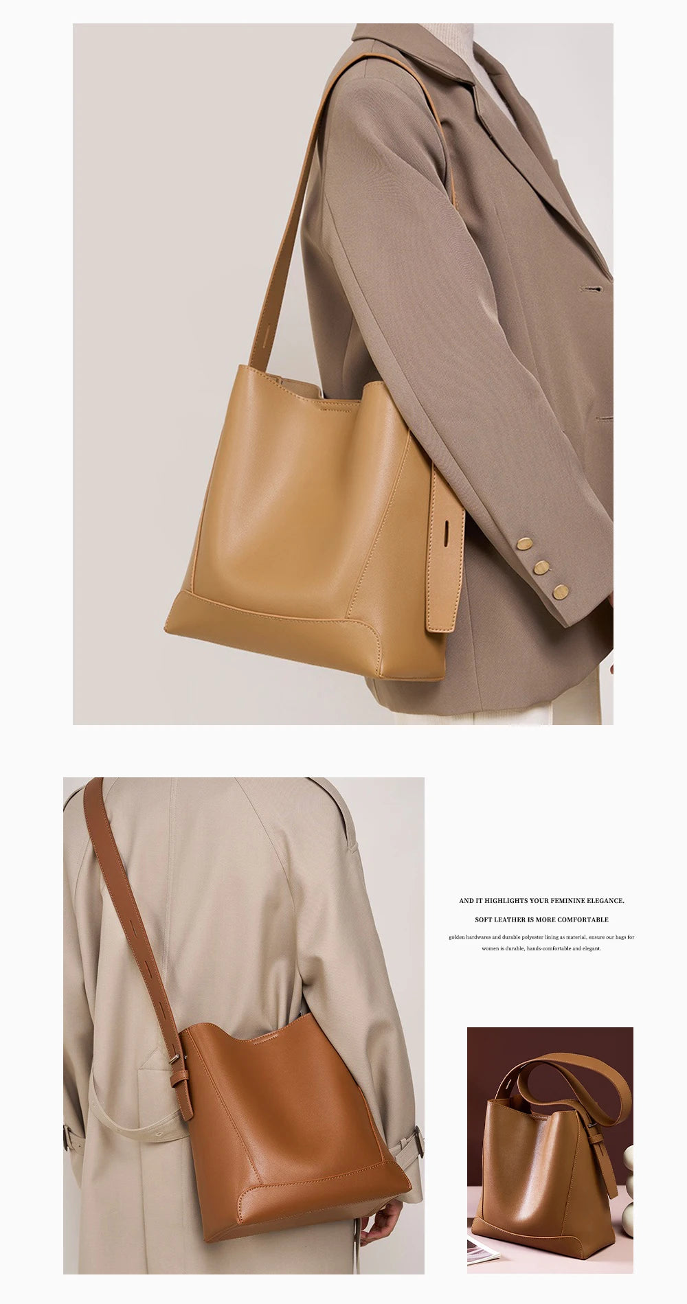 Zency New 2026 TrendyTwo Layer Cow Leather Shopper Shoulder Bag Commuter Large Bucket Handbag Simple High Quality Women Tote Bag