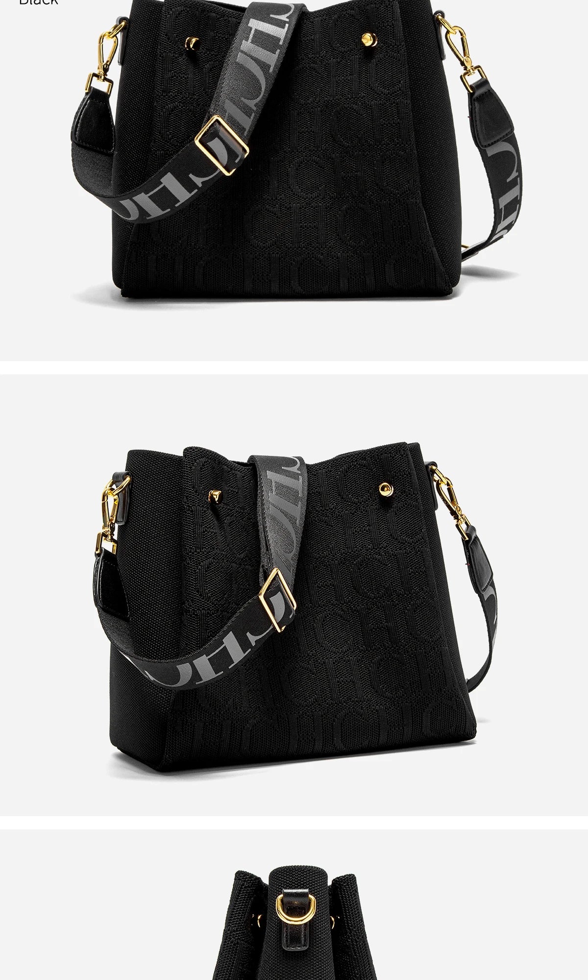 CH New Jacquard Letter Women Bucket Bag Wide Printed Strap Crossbody Purse Large Capacity Ladies Casual Daily Handbag Gift