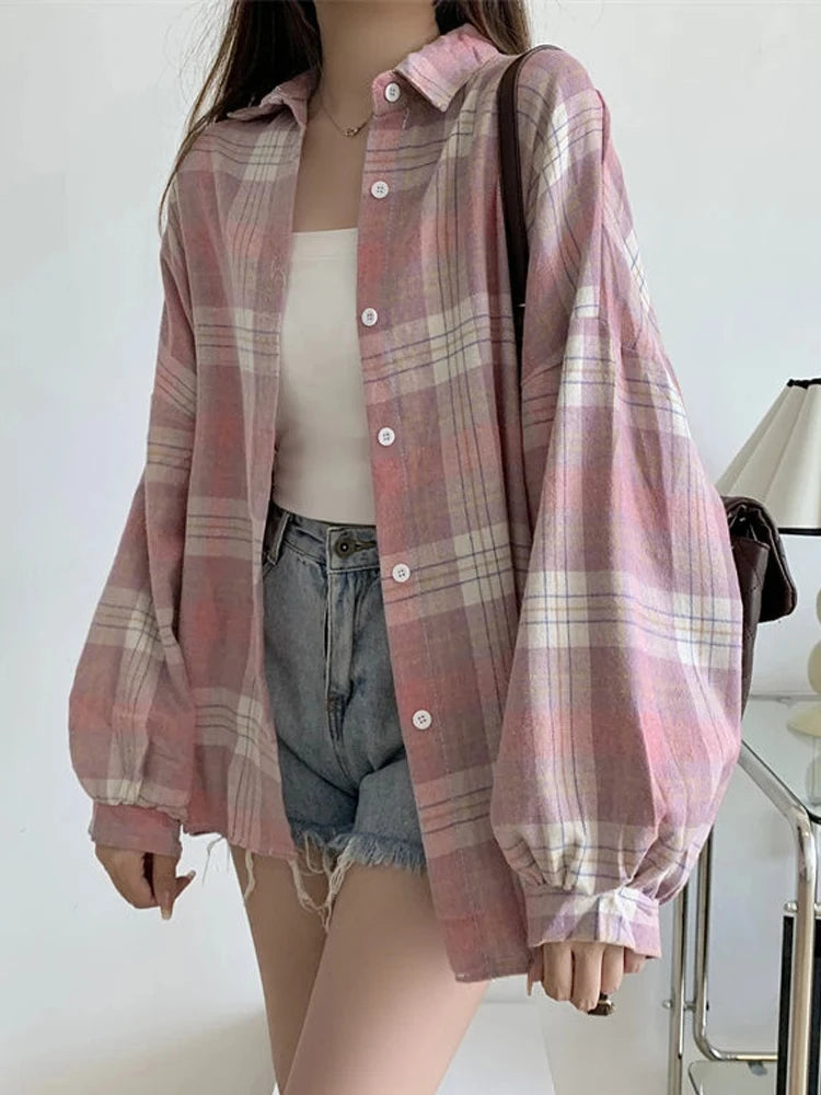 Vintage Plaid Long-Sleeve Blouse