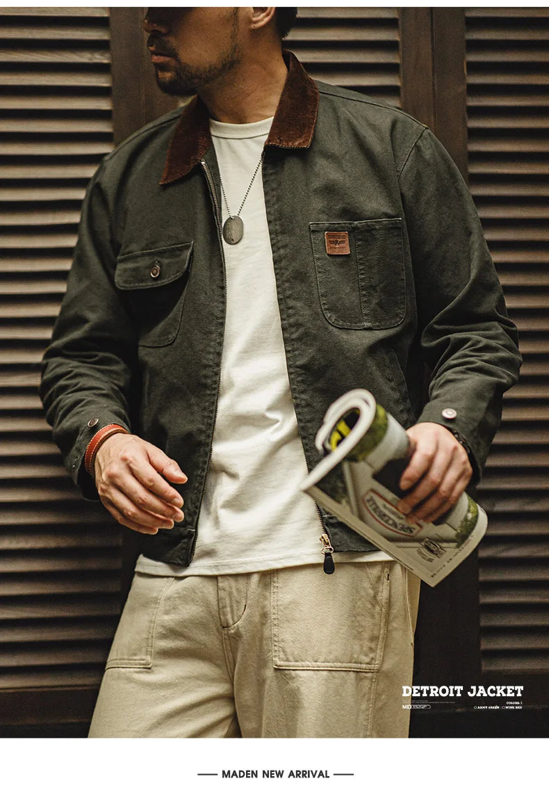 Maden Retro Heavyweight Canvas Detroit Jacket Corduroy Collar Hunting Short Zip-Up Jacket with Pockets Men's Autumn Outerwear