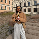 Brown Retro Suede Lapel Zippered Short Jackets Women's Casual Full Sleeves Pocket Loose Coats 2026 Spring Daily Commute Outwear