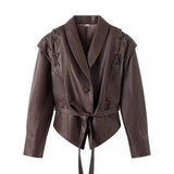 Mauroicardi Spring Autumn Short Retro Brown Pu Leather Jacket Women Sashes Lace Up Luxury Designer Emo Clothes European Fashion