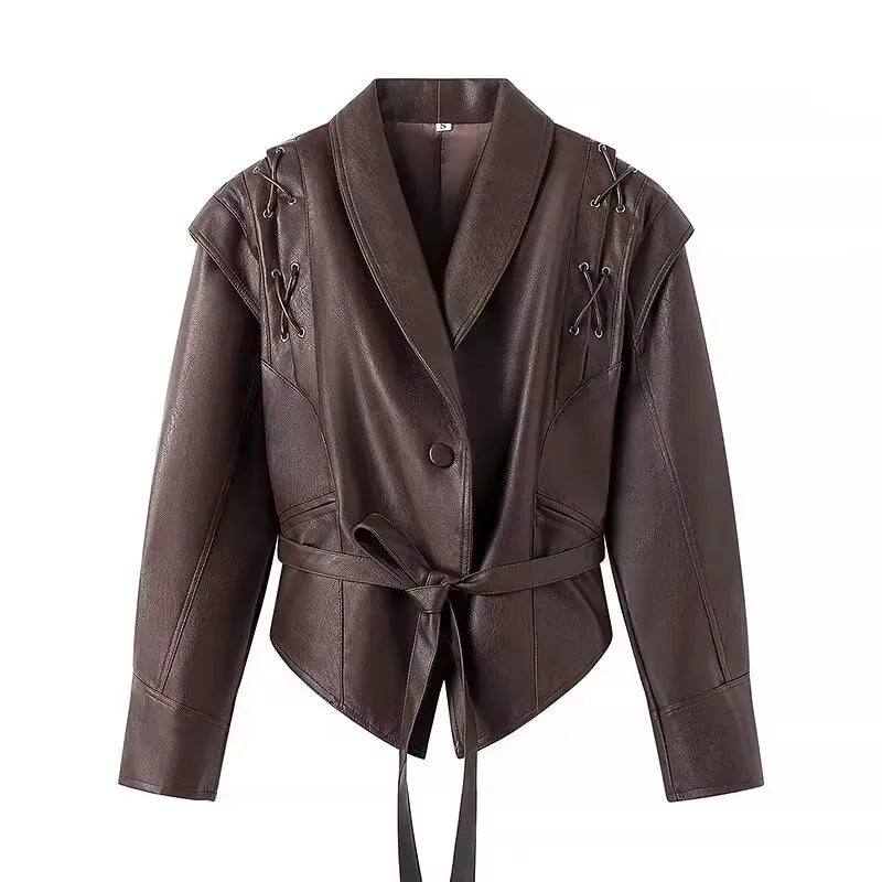 Mauroicardi Spring Autumn Short Retro Brown Pu Leather Jacket Women Sashes Lace Up Luxury Designer Emo Clothes European Fashion