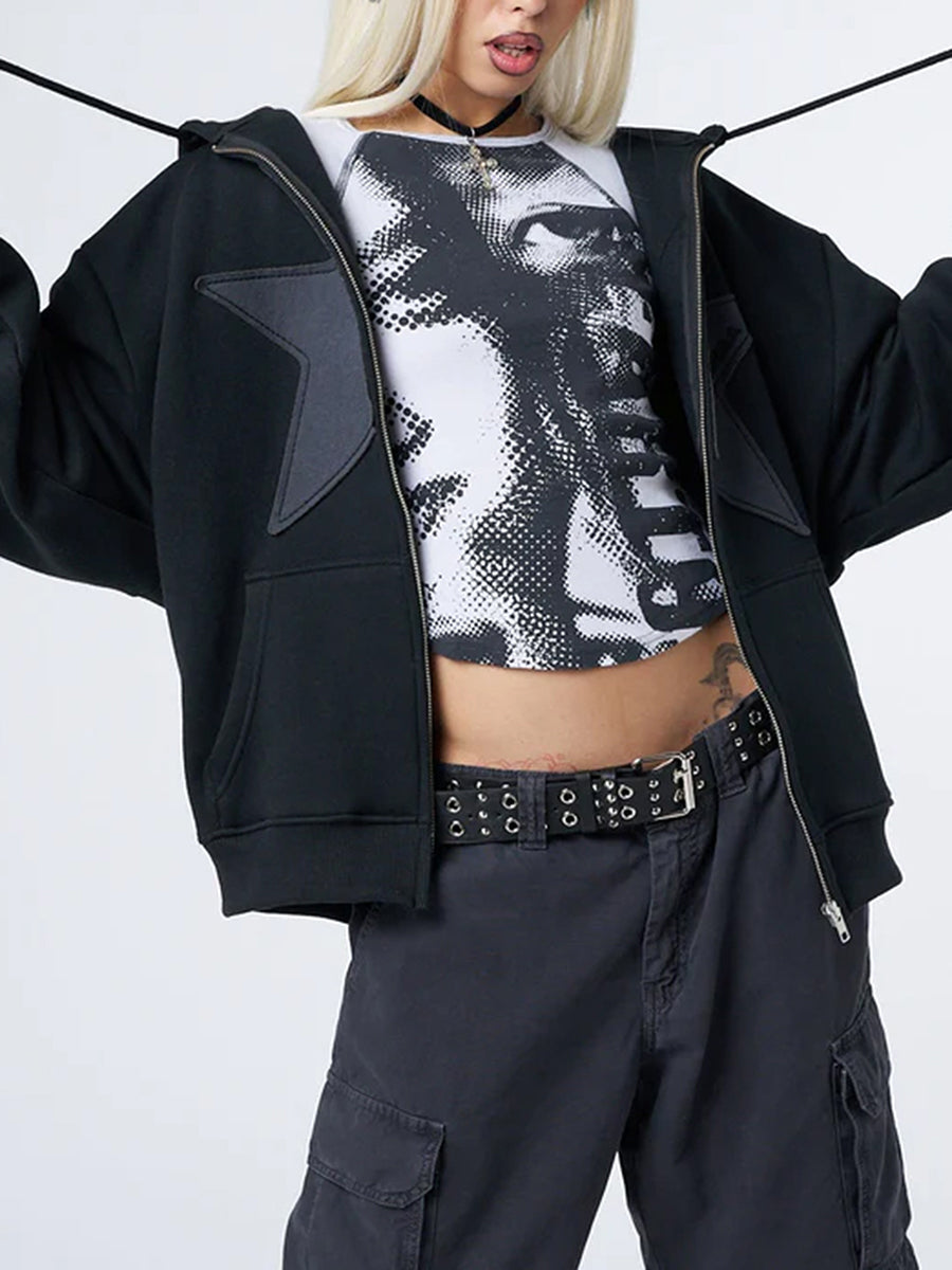 Women's Y2K Star Print Zip-Up Hoodie