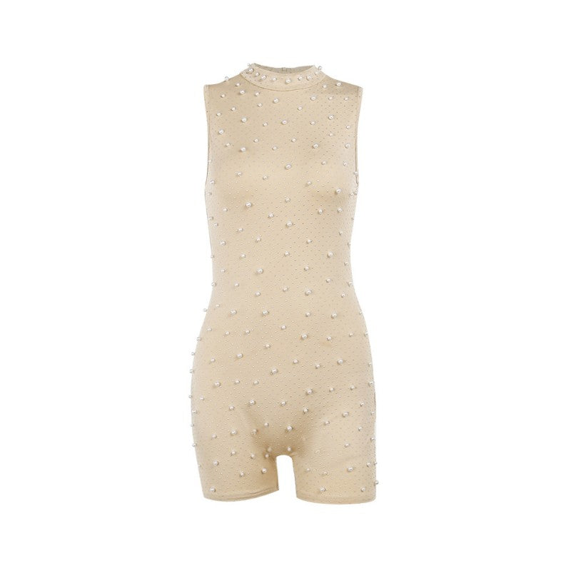 Elegant O-Neck Sleeveless Jumpsuit - Chic Beaded Mesh Mesh Romper in Apricot