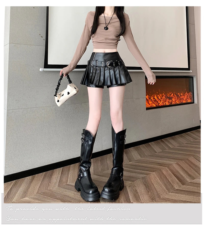 Women's Black Gothic Pleated Faux Leather Mini Skirt
