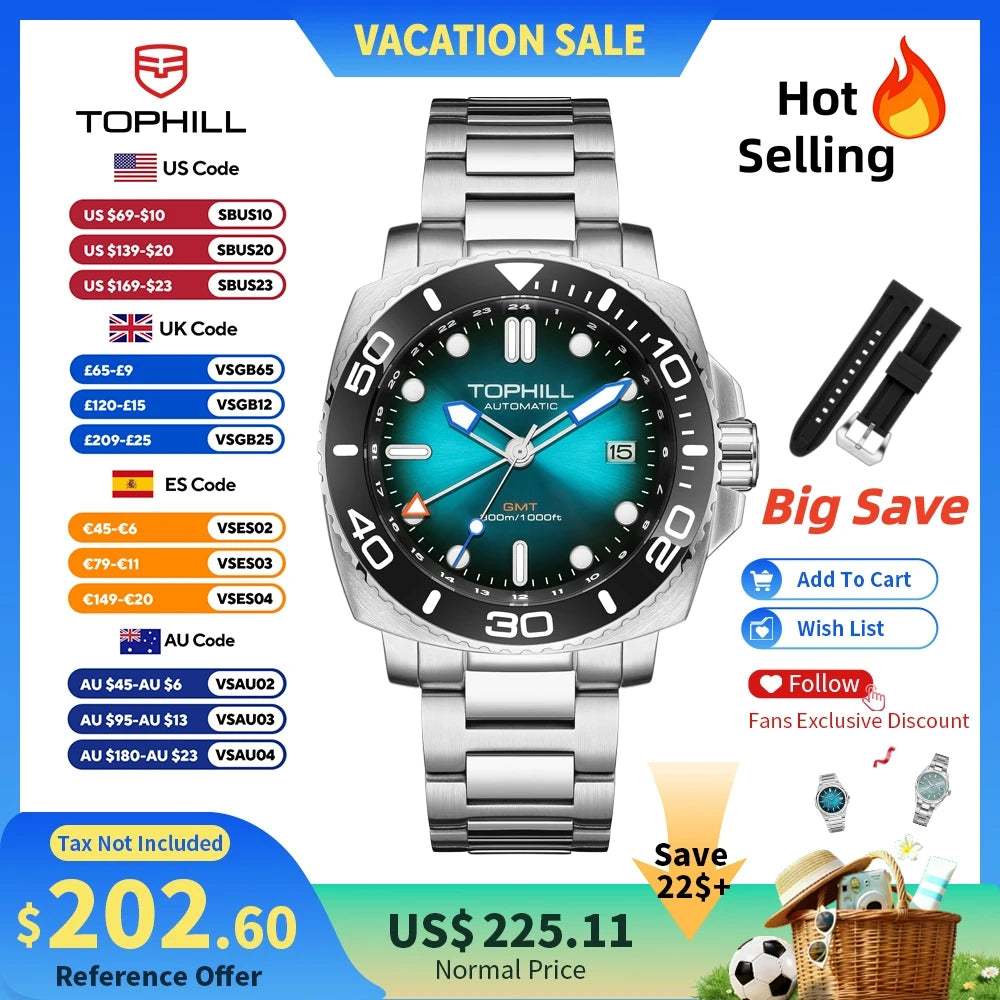 TOPHILL 43mm NH34 GMT Men Watch Automatic Mechanical Wristwatch 300M Dive Sapphire Ceramic Bezel Luxury Luminous 3H Date TD012G