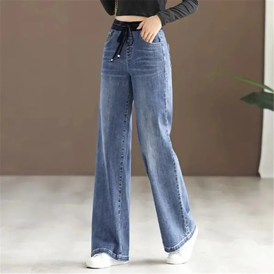 Winter Wide Leg Denim Pants Women Thicken Plush Velvet Lined High Waist Jeans Lace Up Warm Baggy Straight Vaqueros Pantalones