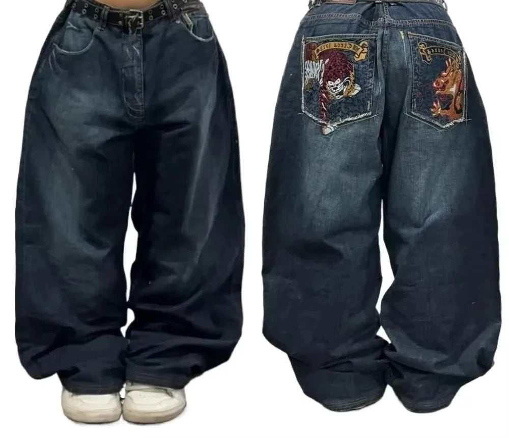 Y2K Retro Centipede Embroidered Oversized Wide-Leg Gothic Jeans