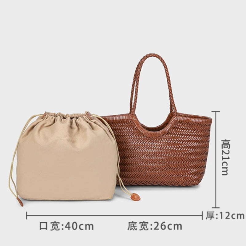 Luxury Designer Genuine Leather Cowhide Hand-woven Tote Bag High Quality Vintage Women's  Vacation Travel Beach Shoulder Bag