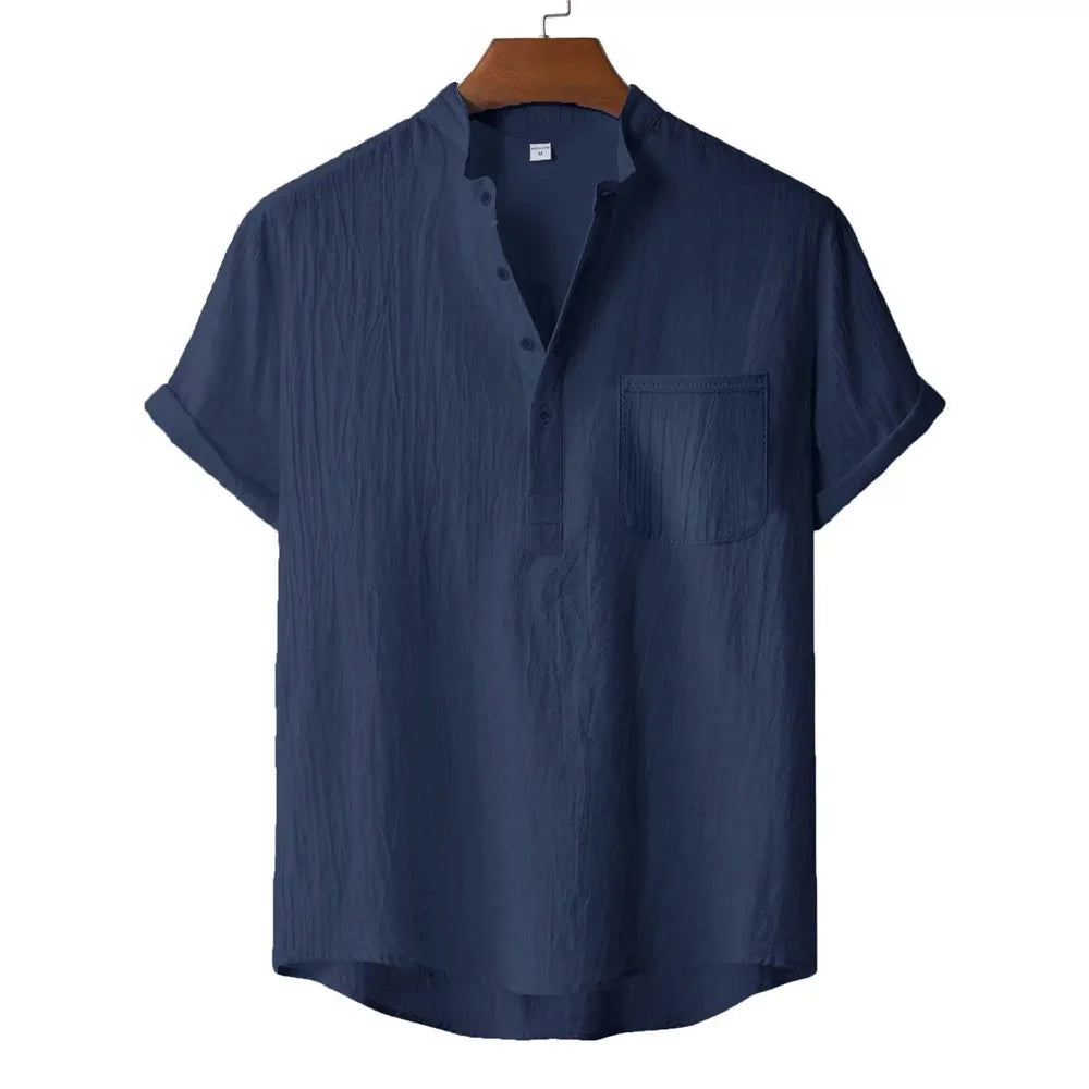 Men's Summer Cotton Linen T-shirt Beach Style Short SLeeve Henley Neck Vacation Hawaii Casual Lightweight Breathable Cozy Tops