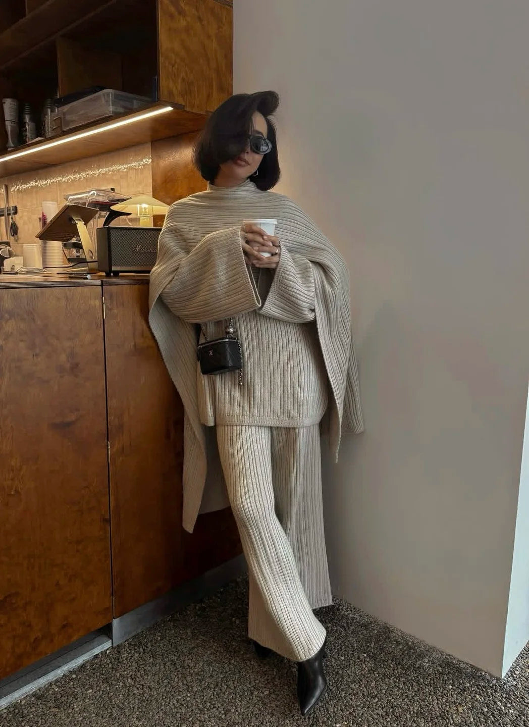 Hirsionsan Soft Elegant Vintage Women Suits 3 Pieces Female Sets O Neck Sweater & Wild Leg Pants with Scarf Knitted TrackSuit