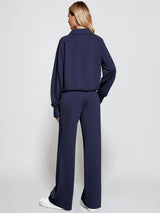 Woman Solid Color Half Zip Long Sleeve Sweatshirt and Wide Leg Pants Set Casual Sporty Two Piece Outfit