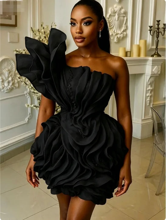 Asymmetric Ruffle Mini Dress | One-Shoulder Floral Gown