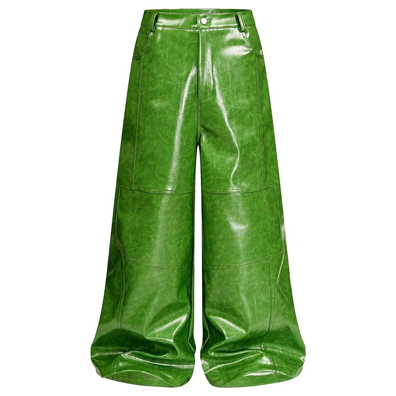 Olive Green PU Leather Wide Leg Pants — Men's Y2K Streetwear Trousers