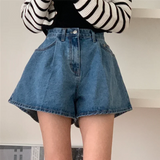 High-Waist Washed Denim Wide-Leg Shorts -Made Casual Blue Jean Shorts