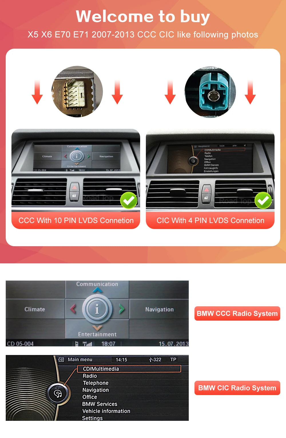 RoadTop 10.25"/12.3" Wireless CarPlay & Android Auto Screen for BMW X5 X6
