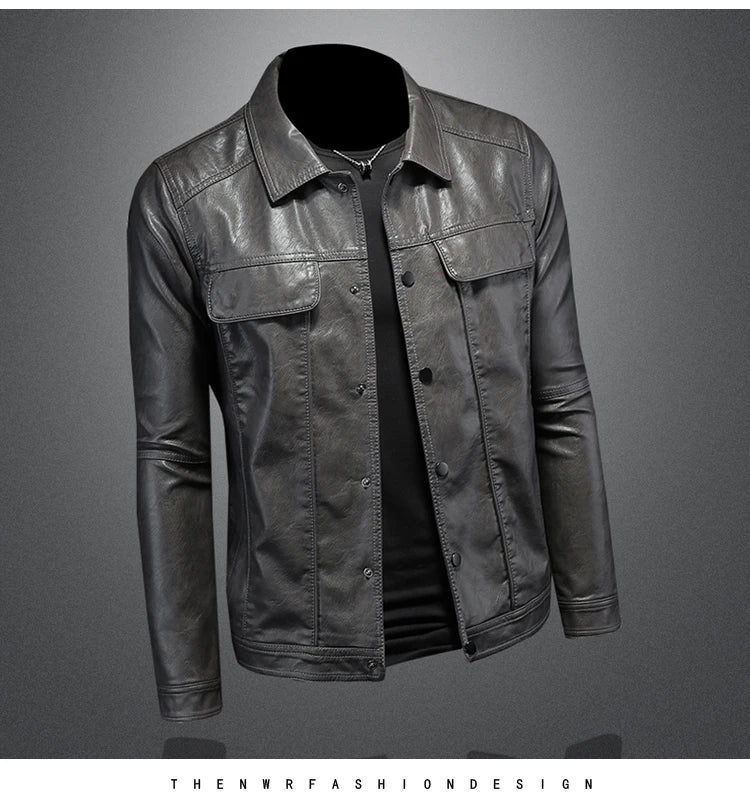 2024 Autumn and Winter New Men's Fashion Handsome with Solid Color Boutique Lapel Motorcycle Leather Coat Slim Fashion  M-5XL