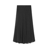 ETJ Women's Polka Dot Blouse Skirt Set 2026 Spring High Neck Batwing Sleeve Sheer Front Tie Bow Midi A-Line Dress Set
