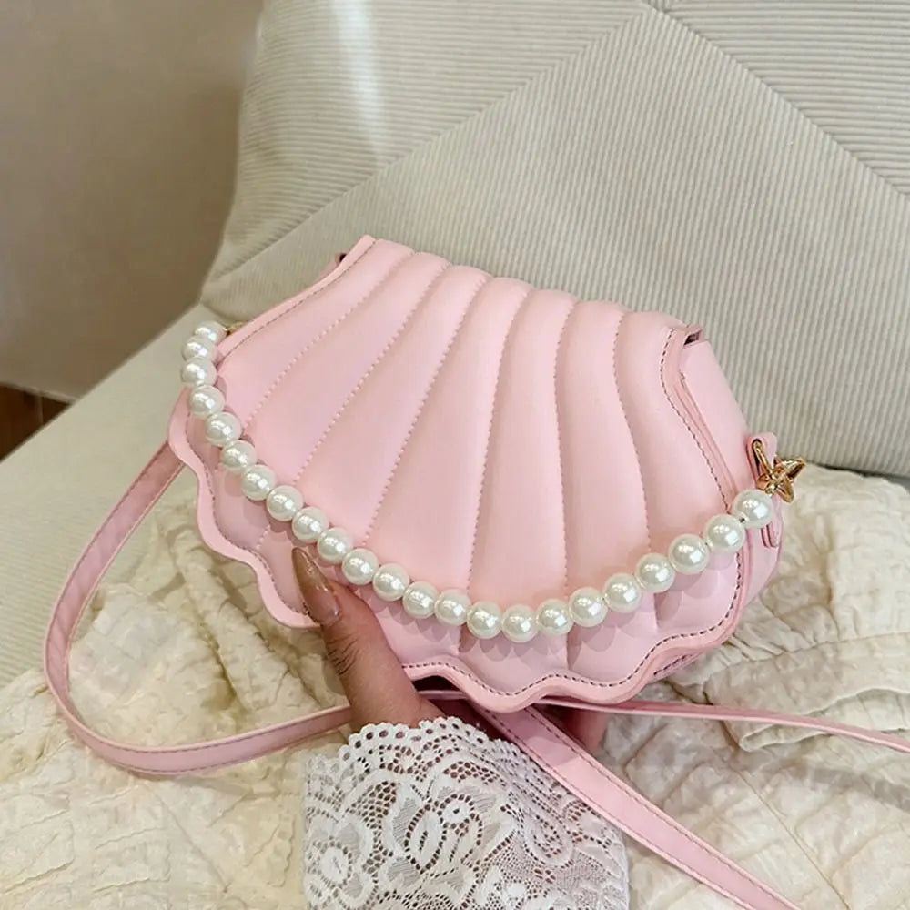 Durable Cute Shell Shoulder Bag Minimalist with Pearls Design Crossbody Bag PU Leather Pearl Decorated Handbag for Women Girls