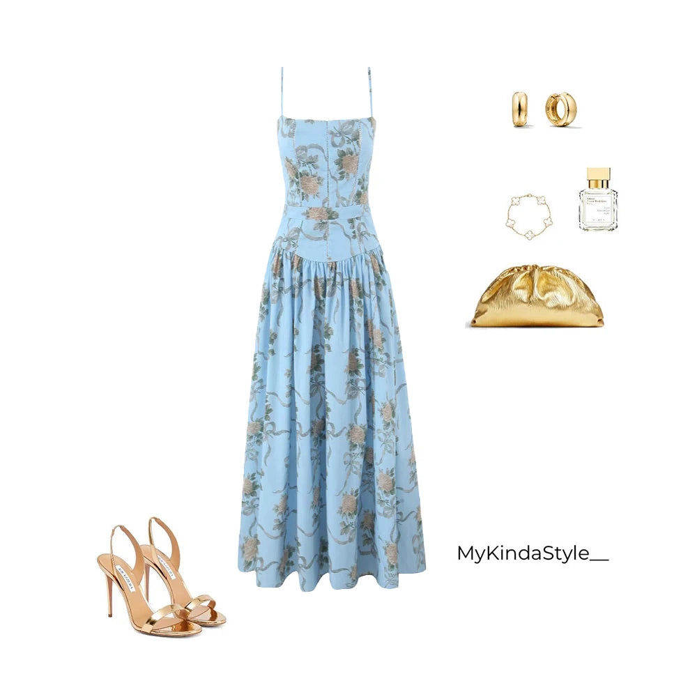 Floral Print Spaghetti Strap Midi Sundress - Elegant Boho Chic Summer Beach Dress