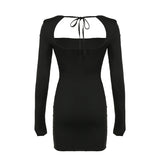 Autumn Black Square-Neck Backless Mini Dress - Long Sleeve Slim Fit Streetwear