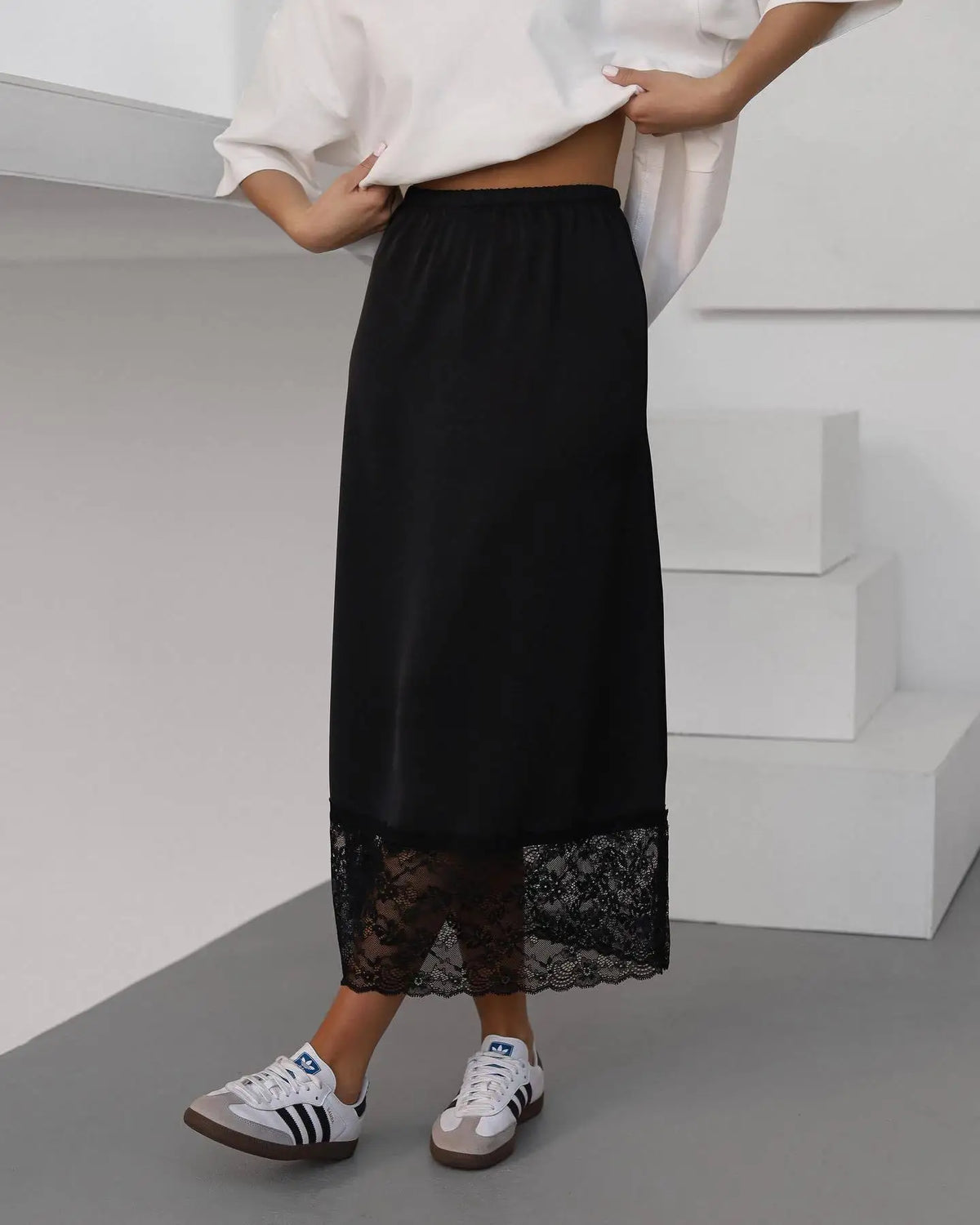 Elegant High-Waist Lace Midi Skirt