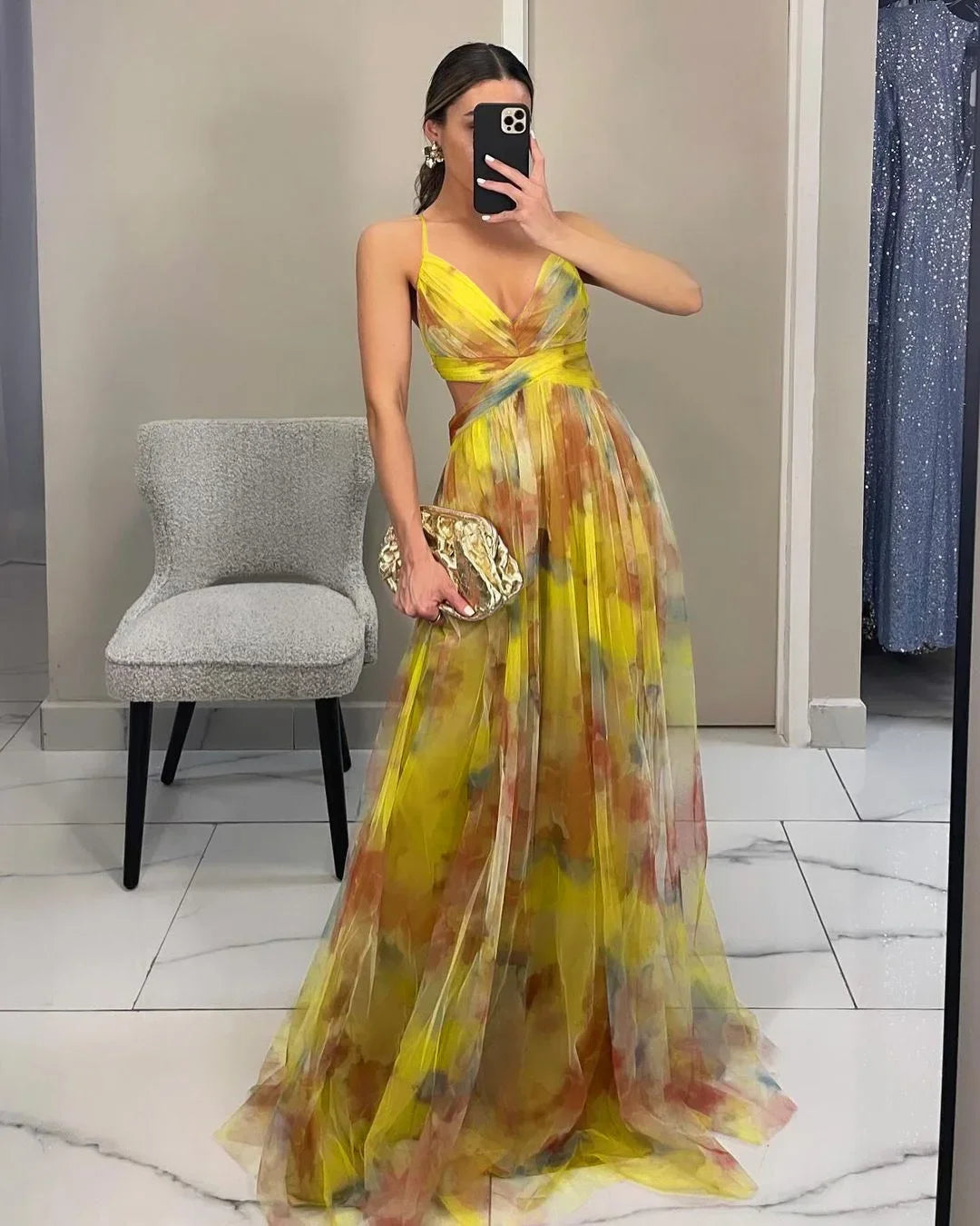 Off-Shoulder Lace Print Halter Maxi