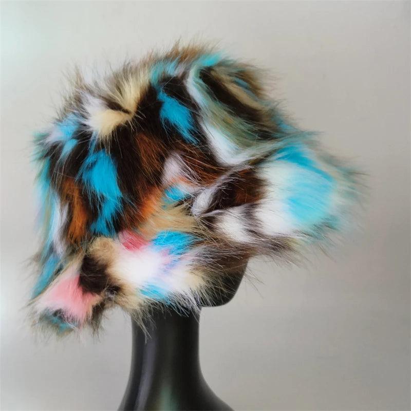 1pcs Winter Faux Fur Bucket Hat Warm Fluffy Plush colorful soft Winter hat Personality fur Fisherman Hats for women Plush hat겨