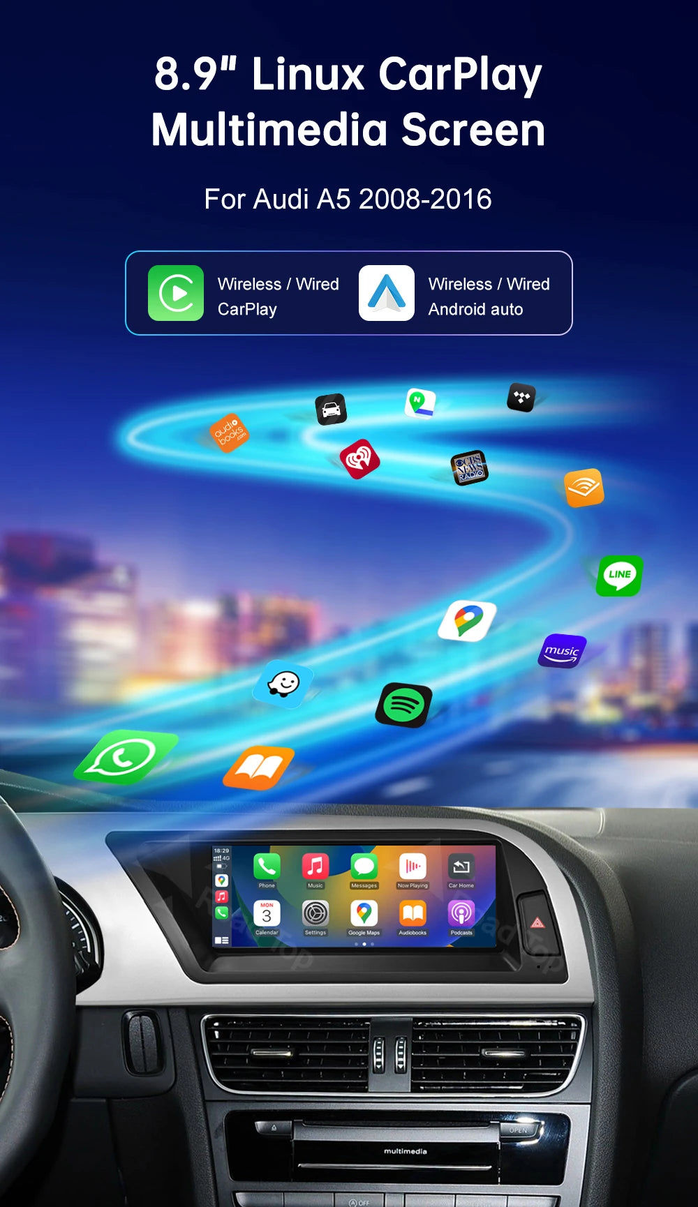 Road Top 8.8"/12.3" Touch Screen for Audi A5 2008–2016
